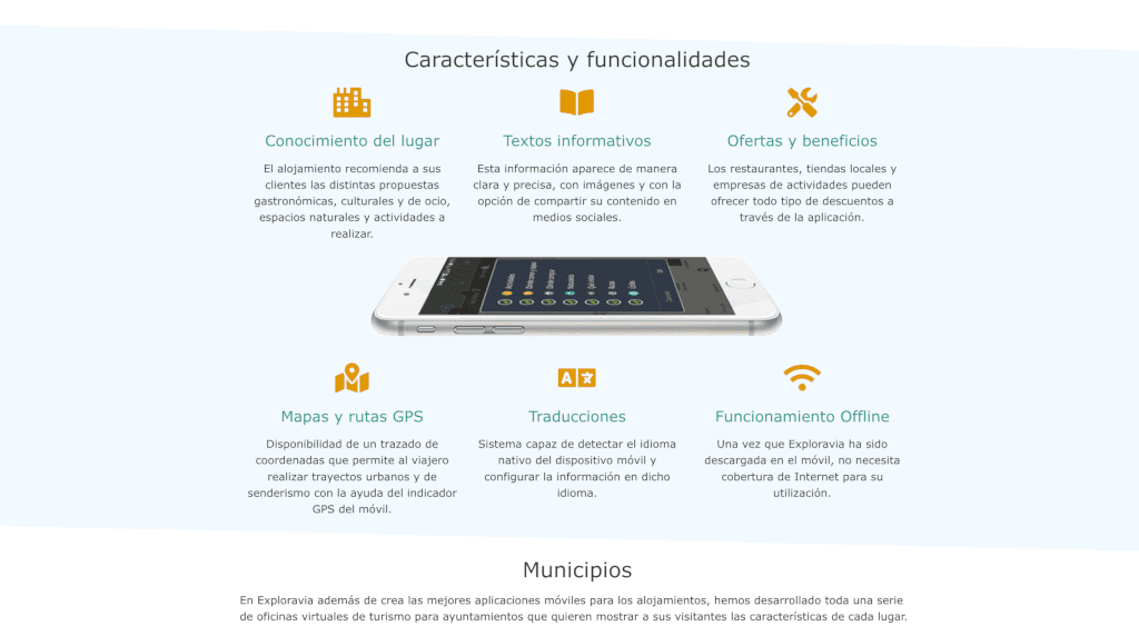 Sección características y funcionalidades de la aplicación de Exploravia