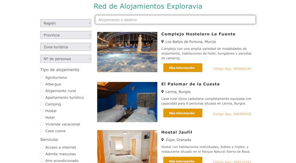 Sección buscador de alojamientos con filtros de Exploravia